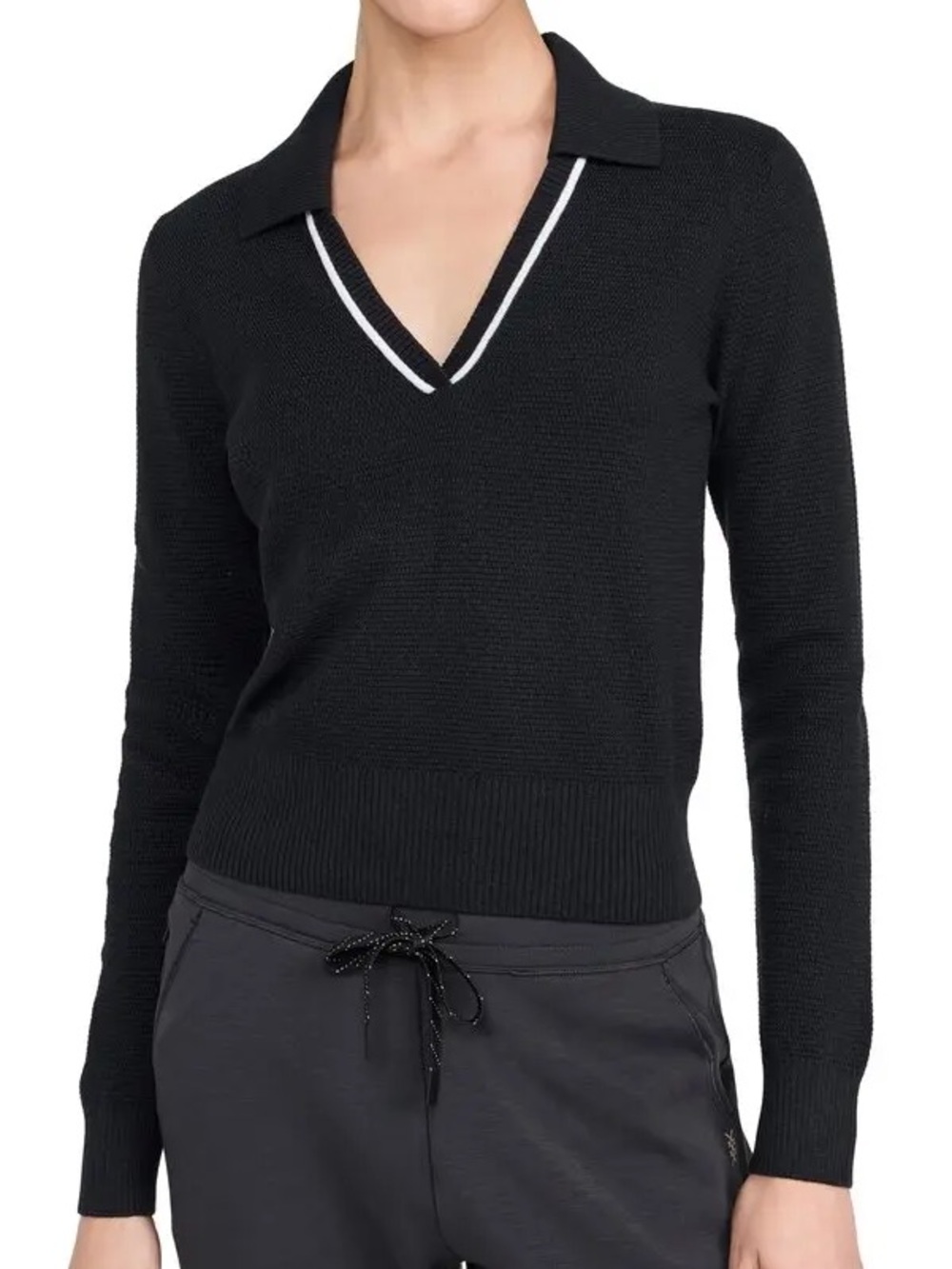 RHONE Black V-Neck Collared Sweater with White Trim